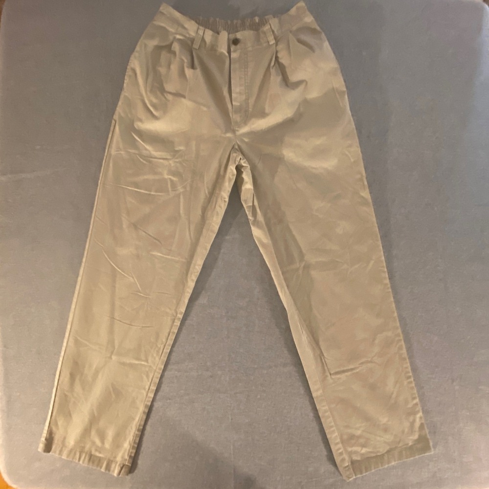 LL Bean Mens Tan Khaki Pleated Chino Pants Elastic Waist 32x32 Cotton